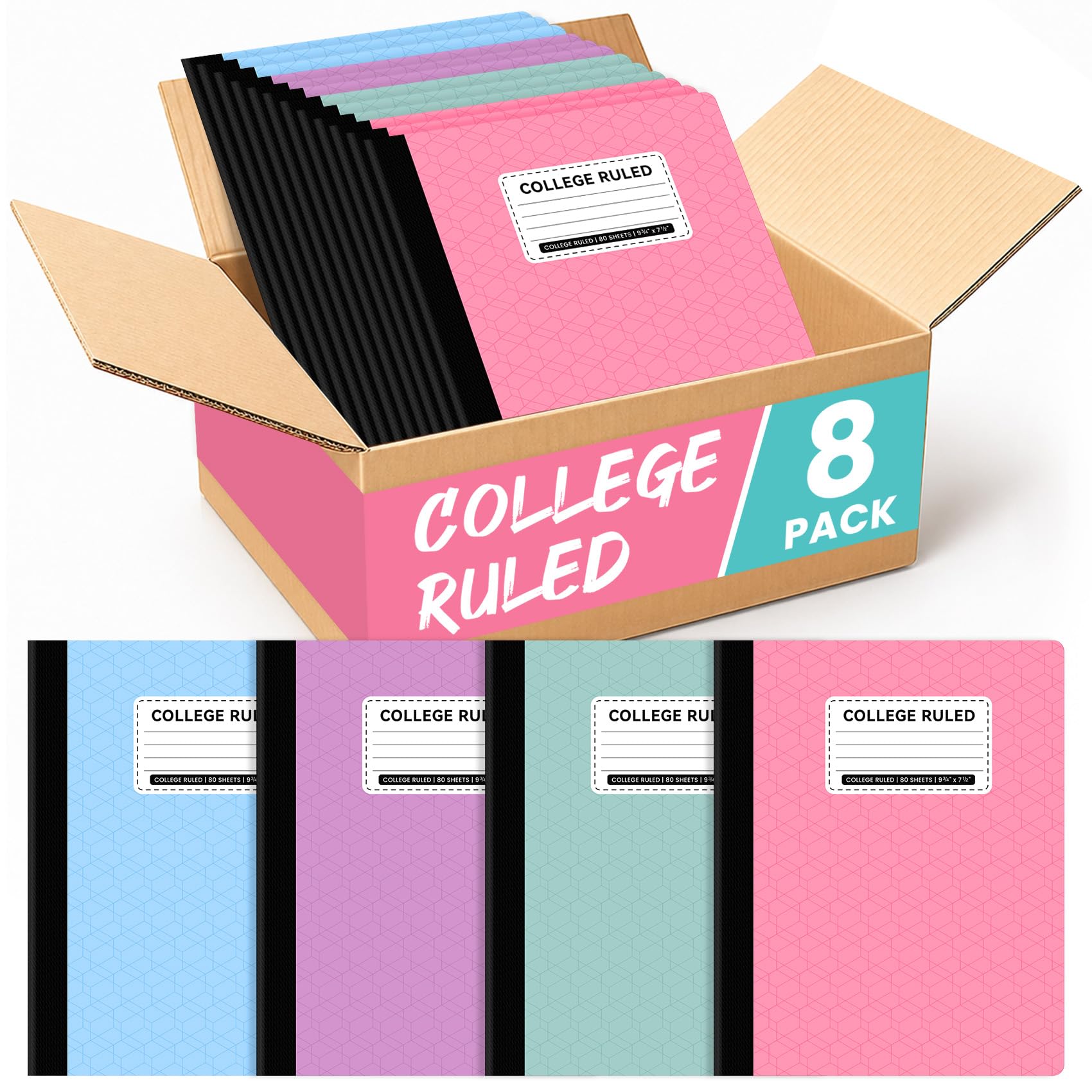 Taja Quaderni per composizione universitaria, a righe, confezione da 8 quaderni per composizione estetica, 160 pagine (80 fogli), 24 x 19 cm, colori pastello, perfetti per scuola, ufficio e prendere
