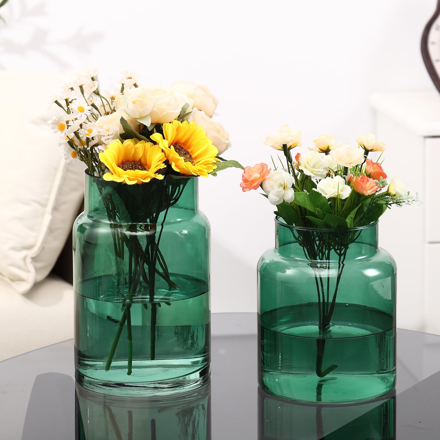 PORPAN Jarrón grande de cristal, juego de 2 jarrones de cristal verde, jarrones grandes para ramo, jarrones altos de boca ancha para flores, hogar, boda, sala de estar, decoración de oficina, 7 + 9