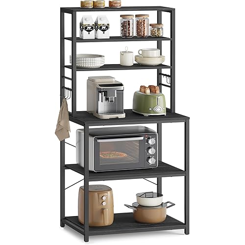 VASAGLE Coffee Bar, Baker’s Rack for Kitchen with Storage, 6-Tier Kitchen Shelves with 6 Hooks, Microwave Stand, Industrial, 15.7 x 23.6 x 65.7 Inches, Charcoal Gray and Black UKKS024B22