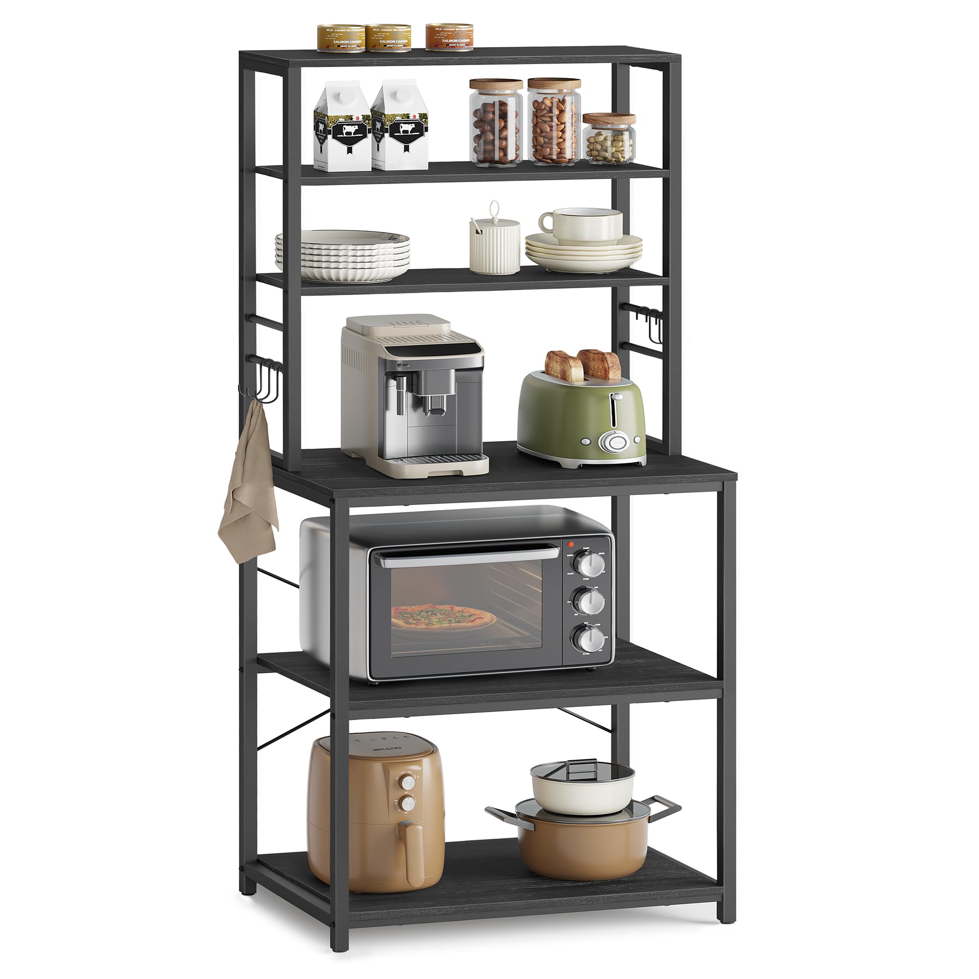VASAGLE Kitchen Storage Rack, Coffee Bar, Baker's Rack, Total 6 Shelves and 6 Hooks, for Microwave, Steel Frame, Industrial, 40 x 60 x 167 cm, Charcoal Grey and Ink Black KKS024B22