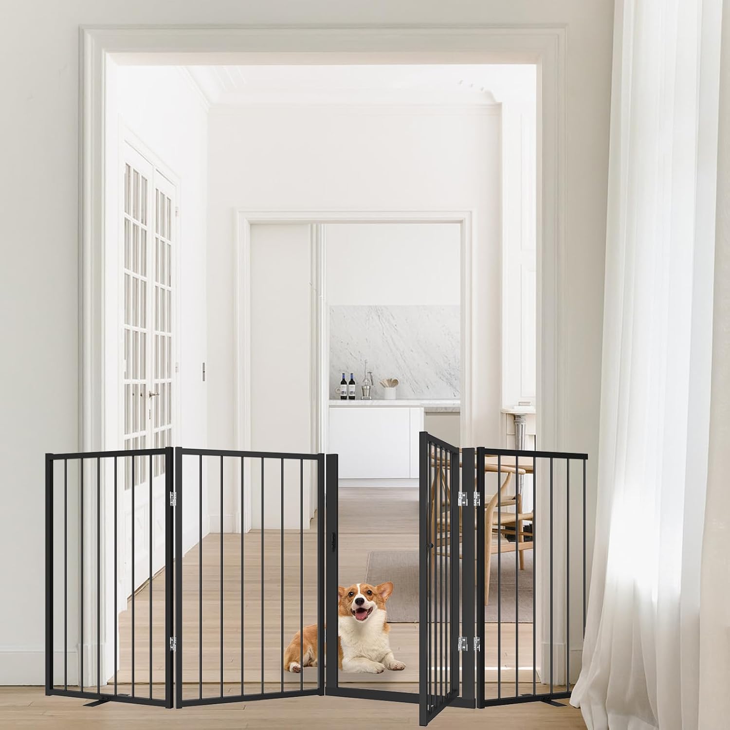 Metal Freestanding Dog Gate, Foldable Extra Wide 79", 32" Tall Large Opening Pet Gate for Indoor & Outdoor, Portable Dog Fence for Stairs, Doorways (Black, 4 Panels)