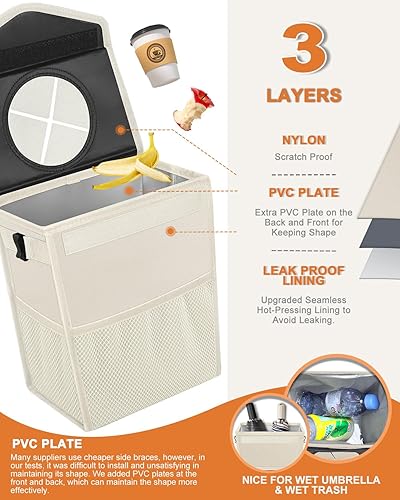 Vista 27 de Bote de basura para automóvil con tapa, bonito cubo de basura a prueba de fugas para colgar el vehículo, pequeño organizador portátil para asientos