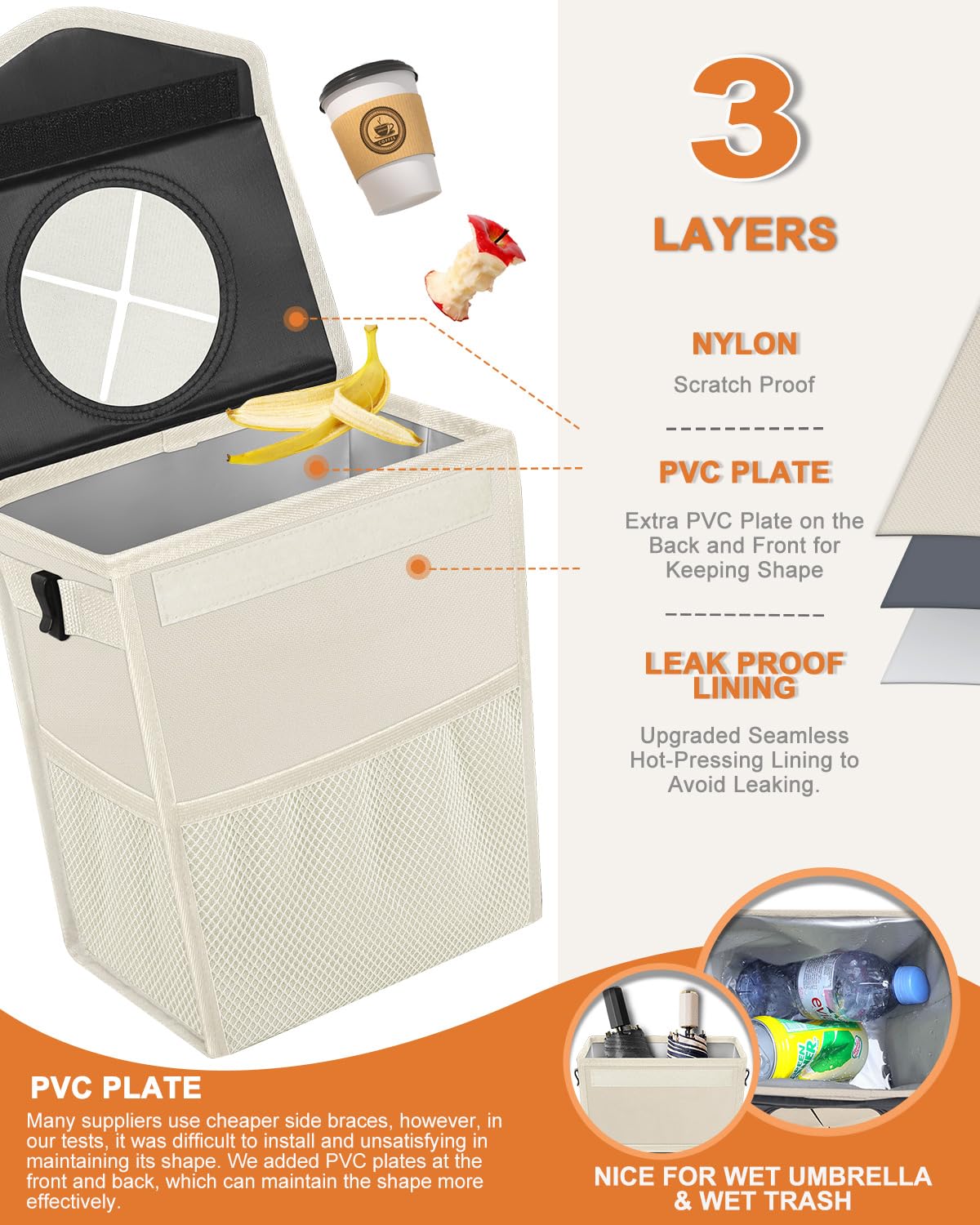 Pritent Poubelle de voiture avec couvercle, joli sac poubelle de voiture étanche à suspendre pour véhicule – Petite poubelle portable pour siège arrière/avant (12 litres, beige)