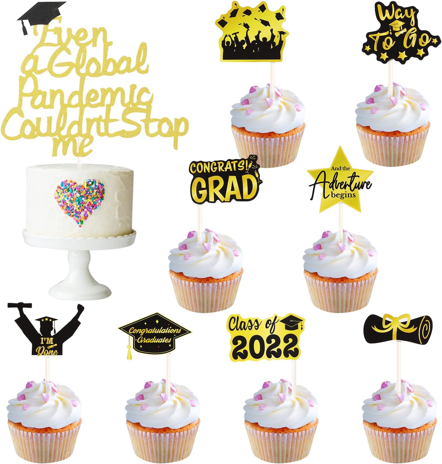 73PCS Graduation Cupcake Toppers 2022, Gold Glitter Even A Global Pandemic Couldn't Stop Me Graduation Cake Topper, Black Gold Grad Cap For Graduation Party Cake Decorations