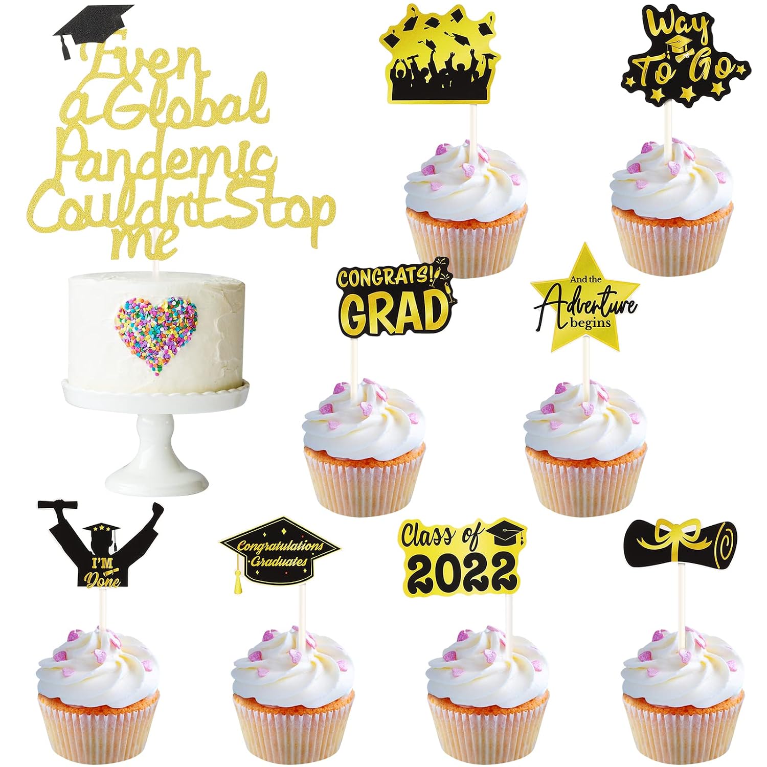 73PCS Graduation Cupcake Toppers 2022, Gold Glitter Even A Global Pandemic Couldn't Stop Me Graduation Cake Topper, Black Gold Grad Cap For Graduation Party Cake Decorations