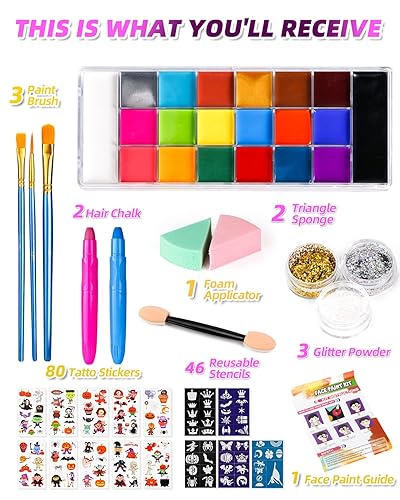 Miniatura 4 de Fantastory Kit de pintura facial de 158 piezas  20 colores con purpurina, plantillas, tizas para el cabello, calcomanías de tatuaje, pinceles,