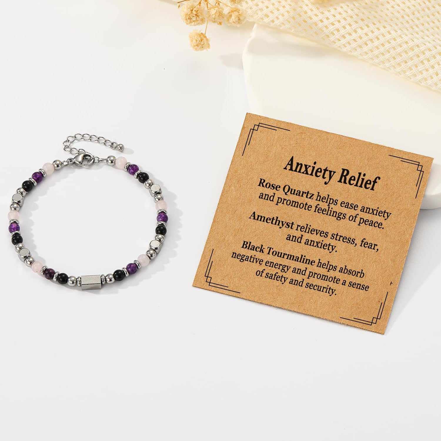 Natural Healing Crystal Bracelet for Women, Triple Protection Anxiety Relief New Beginnings Good Luck Empath Protection Jewelry Gift for Friends Daughter Mom 6.5+1.8 Inches - Image 5