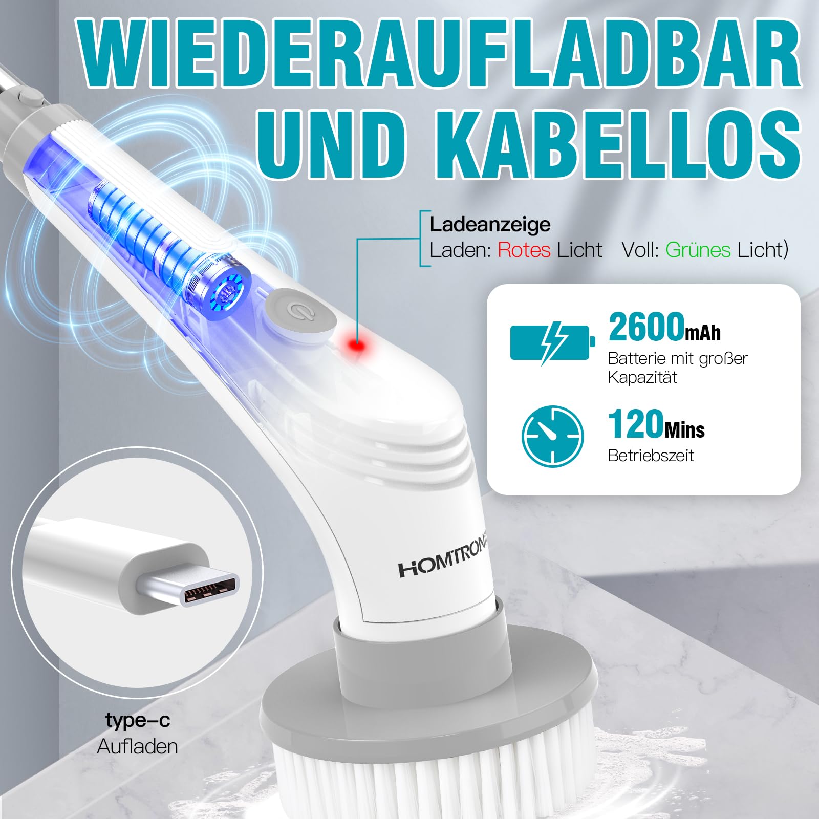 Homtronics Elektrische reinigingsborstel, IPX8 waterdicht