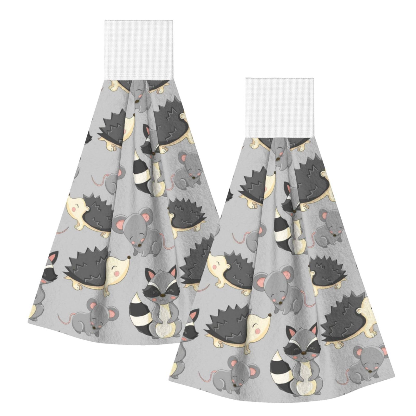 DOPKLNA Grey Background Hedgehogs Mice Raccoon, 2 Pcs Hanging Coral Fiber Hand Towels for Bathroom, Absorbent Kitchen Towels