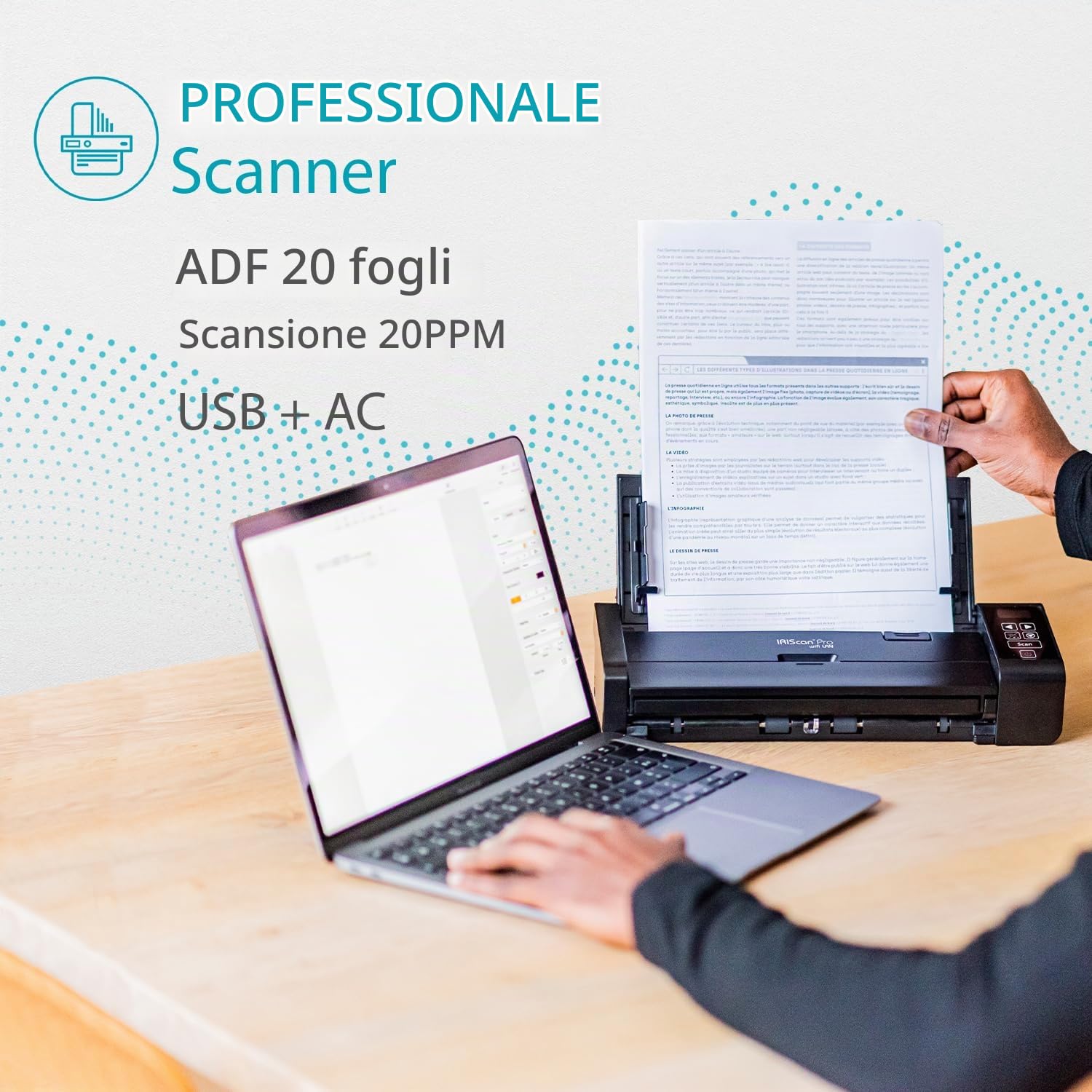 IRIScan Pro duplex scanner documenti-v5pro 20PPM: editor PDF gratuito, scansione in Word, PDF, XLS, biglietti da visita in Outlook, scanner di ricevute, scansione su cloud Win.