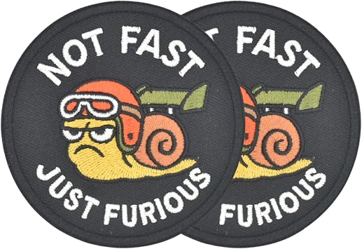 Funny Embroidered Patch - 'NOT Fast JUST Furious' Hustling Snail Iron On/Sew On Patch for Vest, Jackets, Bags, Hats & Clothing