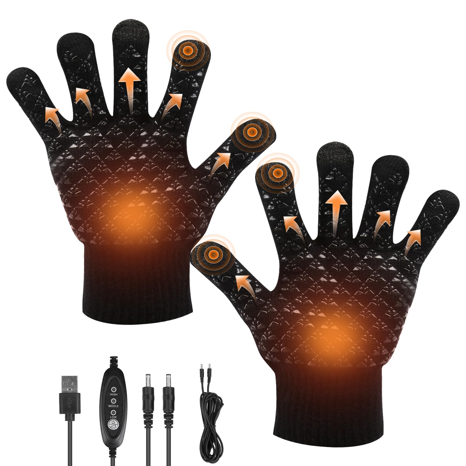 USB Heated Gloves for Men Women, Full Finger Electric Hand Warmer Gloves with 3 Heat Levels, Windproof Heated Cycling Gloves for Winter Sports, Skiing, Hiking, Driving