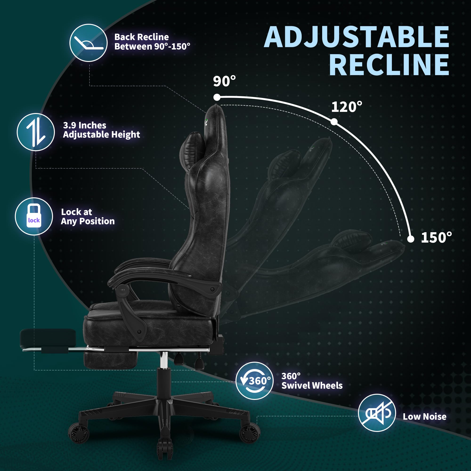 Sedie Gaming, Sedia da Ufficio Ergonomica, Poltrona Altezza Regolabile, Sedia da gioco con poggiatesta e supporto lombare sedia per PC, con poggiapiedi, in pelle PU, girevole a 360 gradi-NERO 