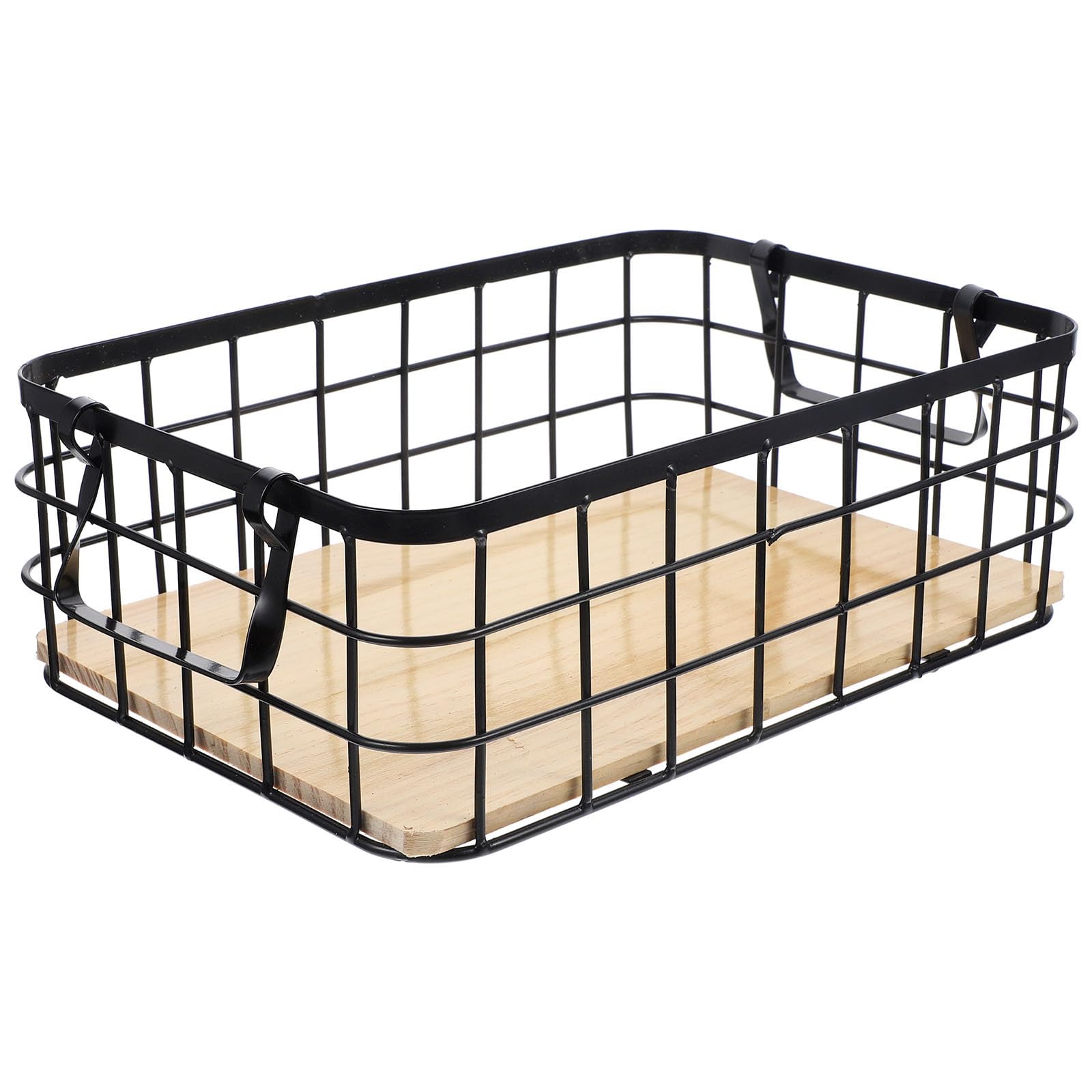 Schwarzer Drahtkorb mit Griff, Holz und Eisenkonstruktion für Küche | Aufbewahrung für Obst und Küchenbedarf, Formstabil und Robust, Schlichtes Design, Innen und Draußen Nutzbar