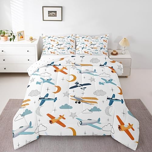Vista 5 de Juego de edredón de avión, tamaño individual, diseño de caricaturas, estrellas, luna, nube, juego de ropa de cama para niños, adolescentes y niñas