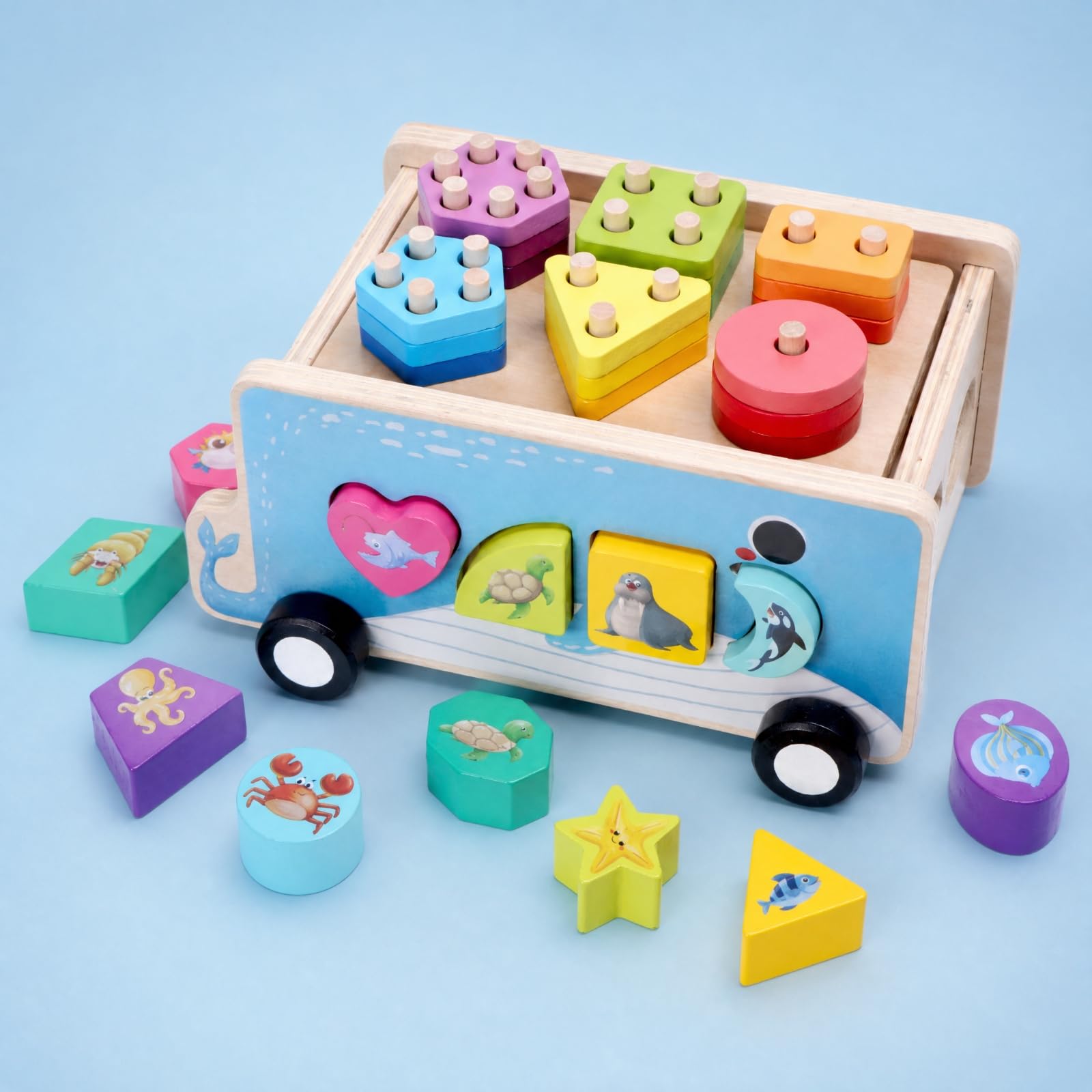 Qianly Carretto Didattico con Forme Geometriche Educativo Carretto con Blocchi di Forme Prescolare Giocattolo di Legno Blocchi Rimovibili per Area Giochi, Lancio Anello
