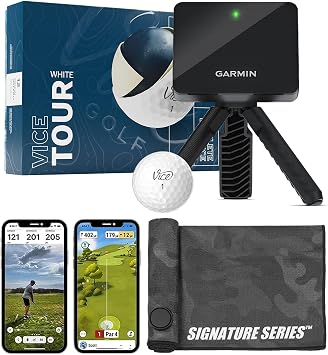 Garmin Approach R10 Portable Golf Launch Monitor with Vice Tour Balls | Practice at Home or on The Driving Range | Track Metrics, Record Video, 43,000+ Courses | with Signature Series Golf Towel