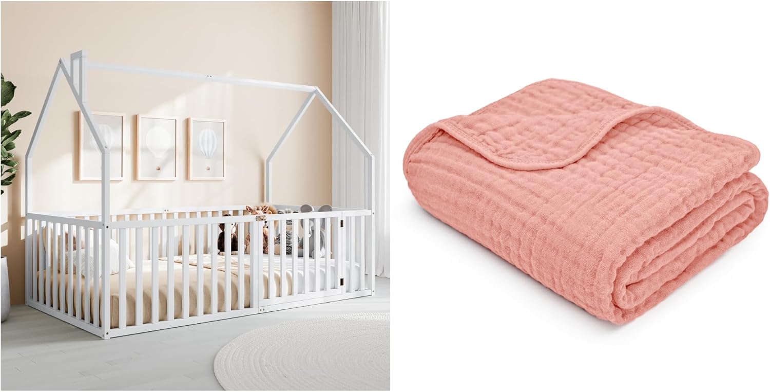 Comfy Cubs Kids House Gated Floor Bed and Muslin Baby Blanket Bundled