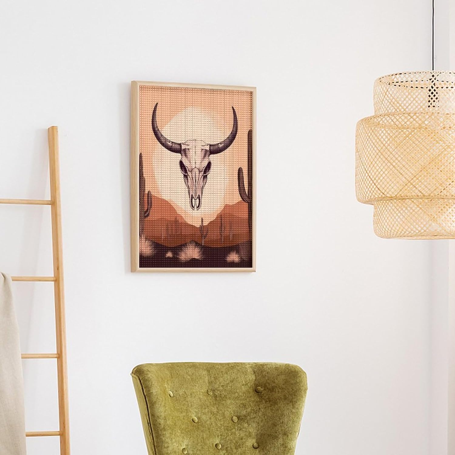 Boho Bull Longhorn Skull Head Mid Century Modern Custom Diamond Art Kits for Adults Beginners Full Drill Picture for Home Wall Decoration