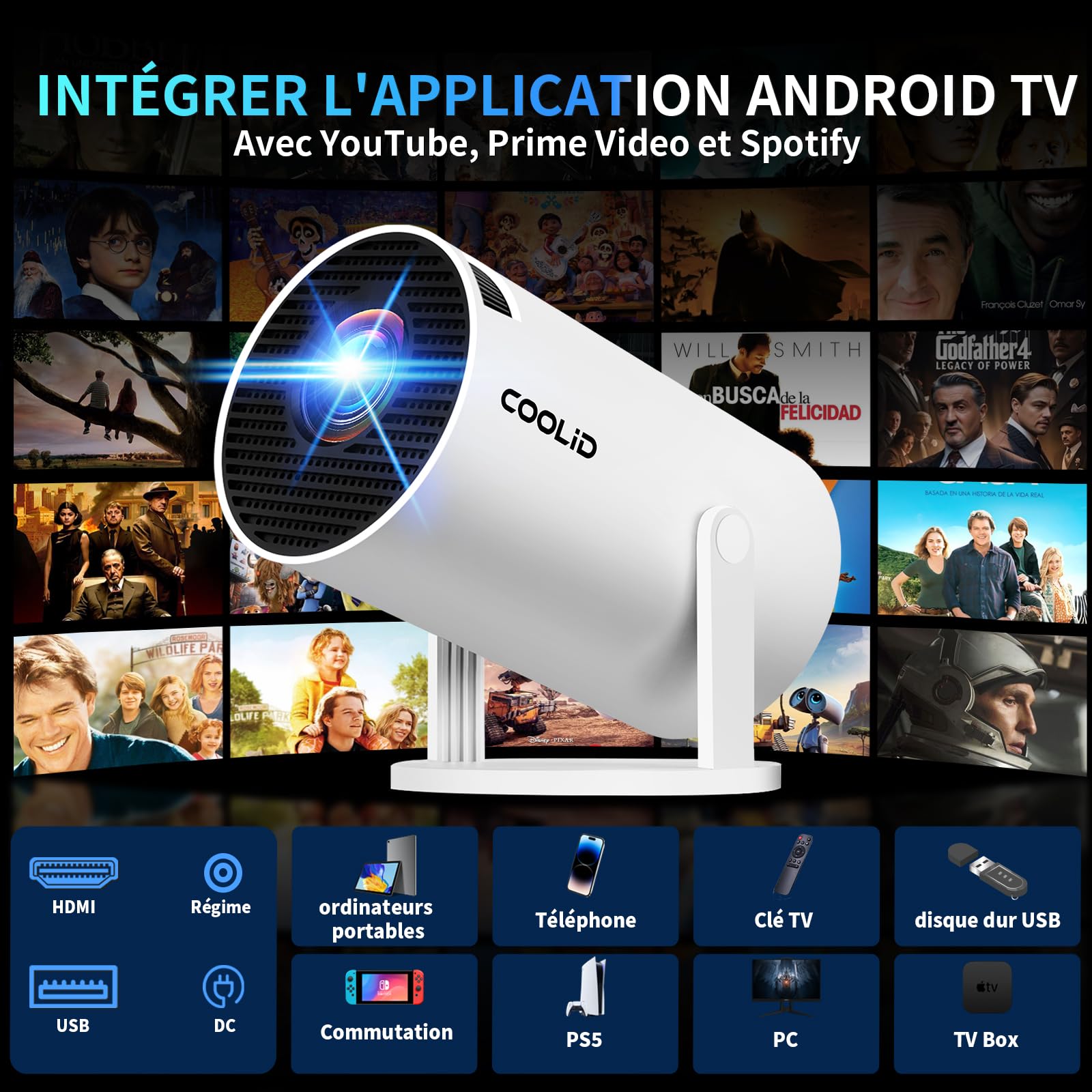 [Apps intégrées & 2026 Upgraded] Mini Vidéoprojecteur Supporte 4K 1080P avec 5G WiFi 6 Et BT 5.2 Le Projecteur Soutien Rotation 180° Portable Projecteur Video Applicable Laptop/HDMI/TV Stick,Blanc