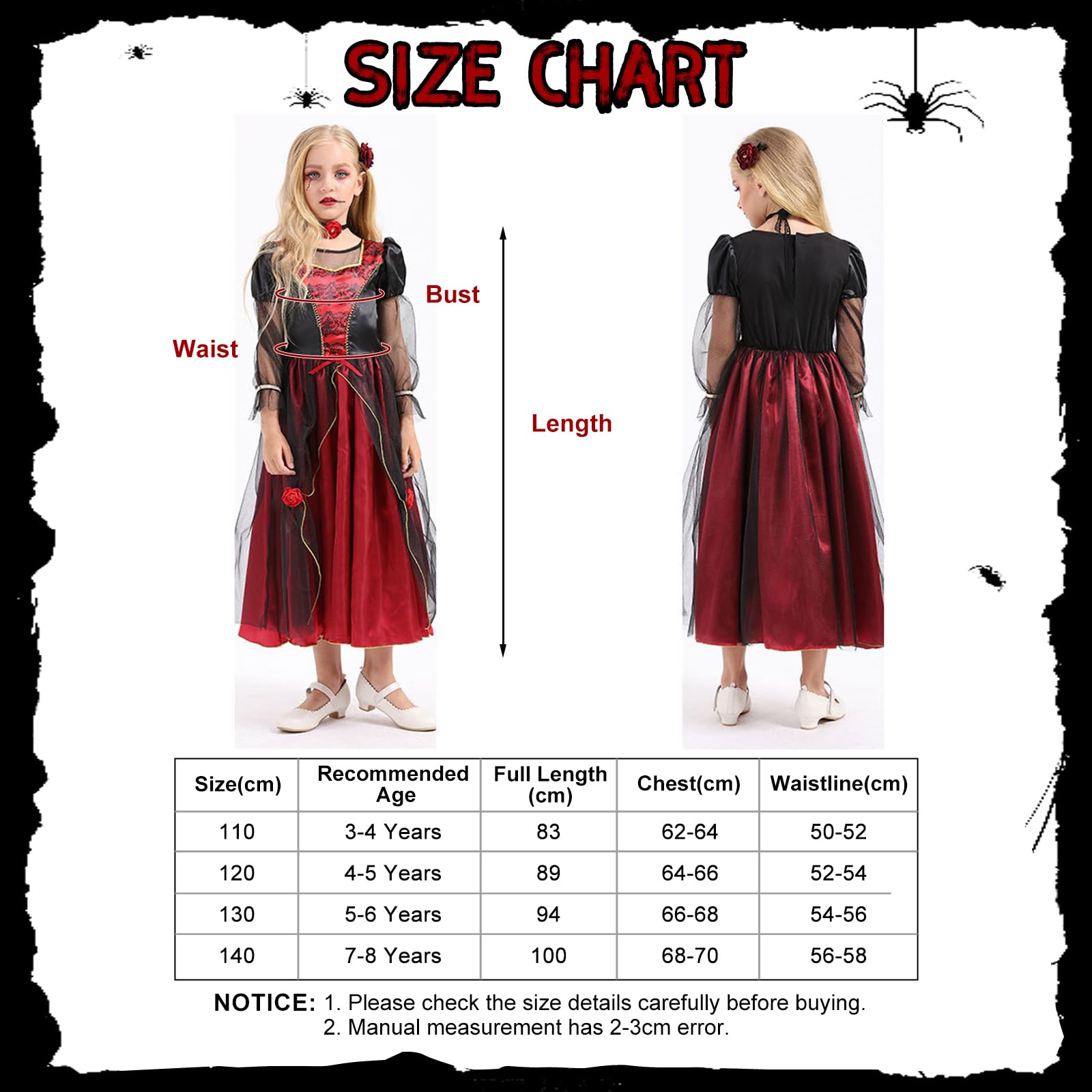 Clundoo Kids Vampire Costume - Girls Dress for Role-Playing, Carnival Cosplay & Vampire-Themed Party (M), 120, 4-5 Years - Image 4