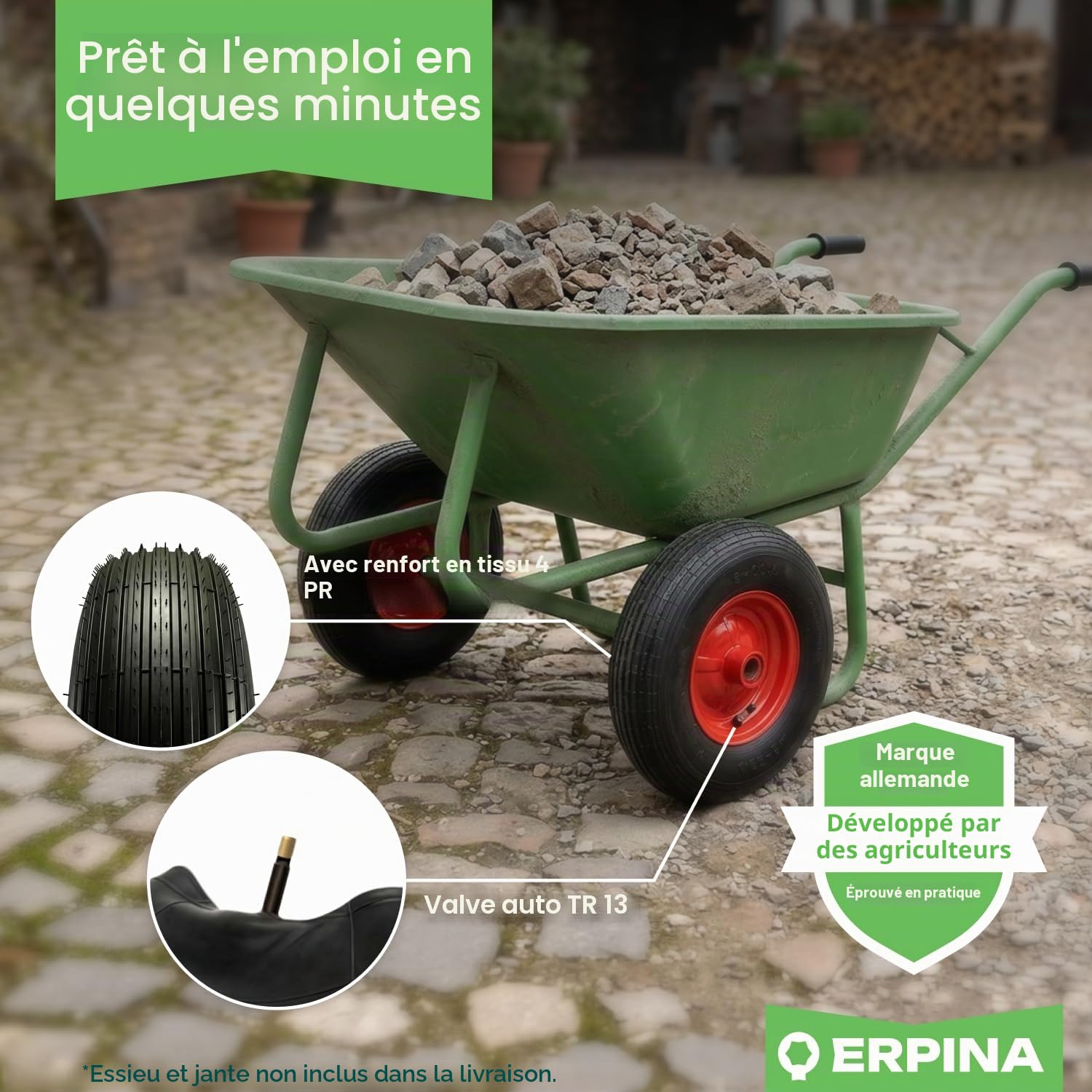Ensemble de pneus de rechange pour brouette incl. chambre à air 4.80/4.00-8 (400x100) 4PR avec valve automatique - enveloppe de pneu universel robuste pour brouette, chariot de jardin et