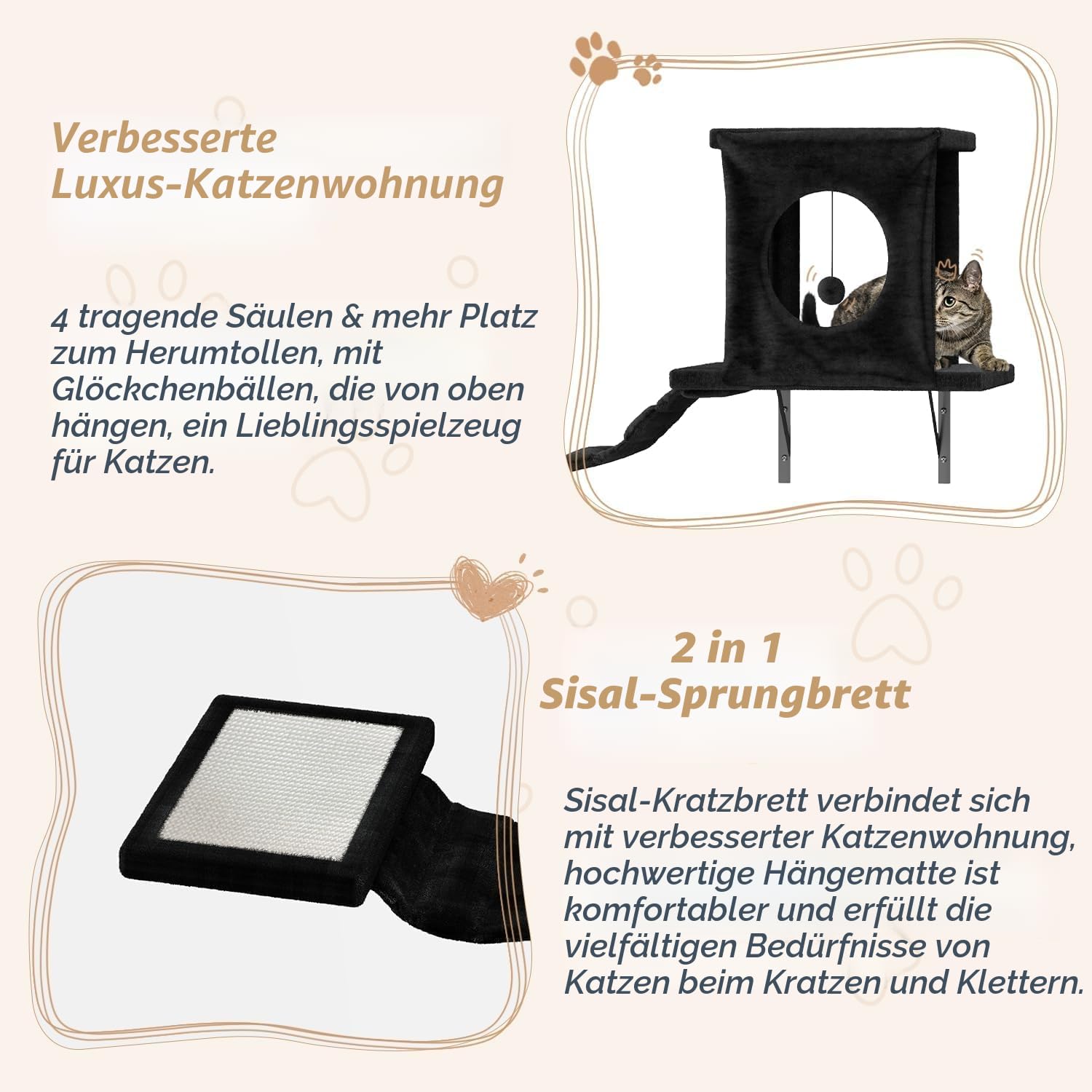 Kletterwand Katzen Set - 7-teilig, Stabiler Holzkletterer für Katzen, Wandpark mit Katzenhaus, Brücke, Tunnel, Baum, Treppe & Kratzbrett bis 10 kg (Schwarz)