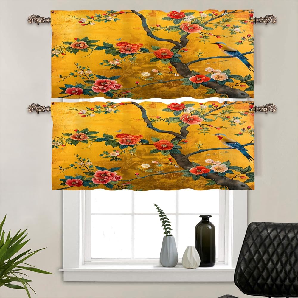 2 Panels Colorful Tree Flower Valances for Windows, Retro Rustic Floral Bird Landscape Rod Pocket Valance Curtains Home Decor Window Treatment for Kitchen/Living Room, 54" W X 18" L