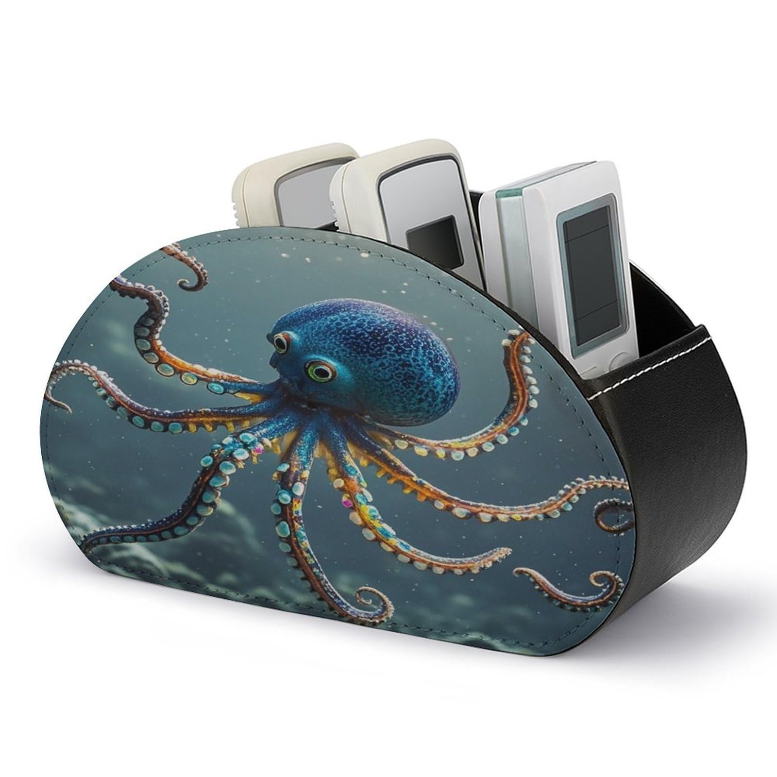 FekiLoot Octopus Remote Control Holder with 5 Compartments Multi-functional TV Remote Caddy Organizer Leather TV Remote Holder Desktop Organizer Store for Bedside Table Office Desk