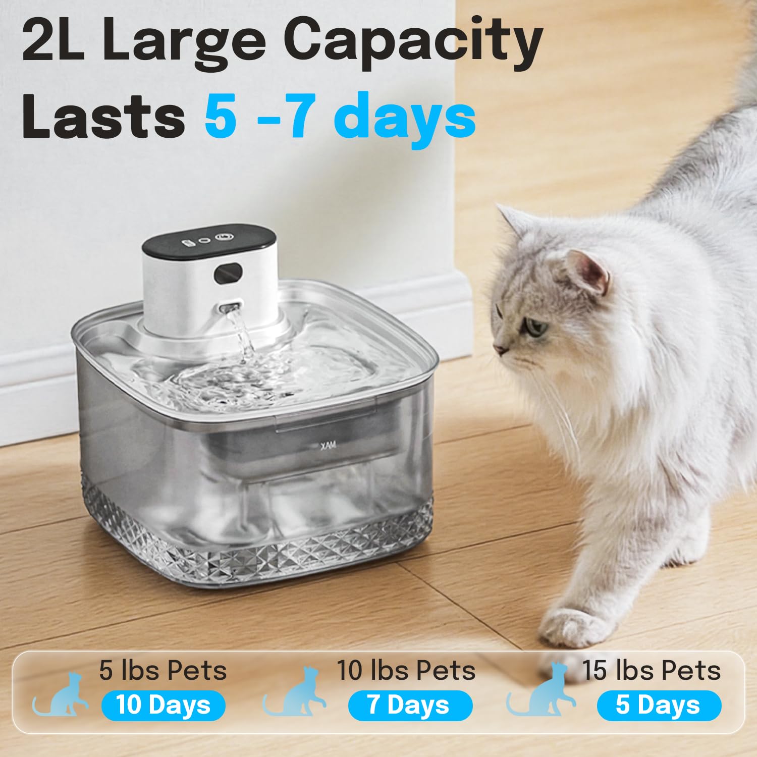 Fontana d'acqua wireless per gatti, 2 l, ricaricabile, con vassoio in acciaio inossidabile, pompa ultra silenziosa, sensore di movimento e anti-bruciatura secca, erogatore automatico di