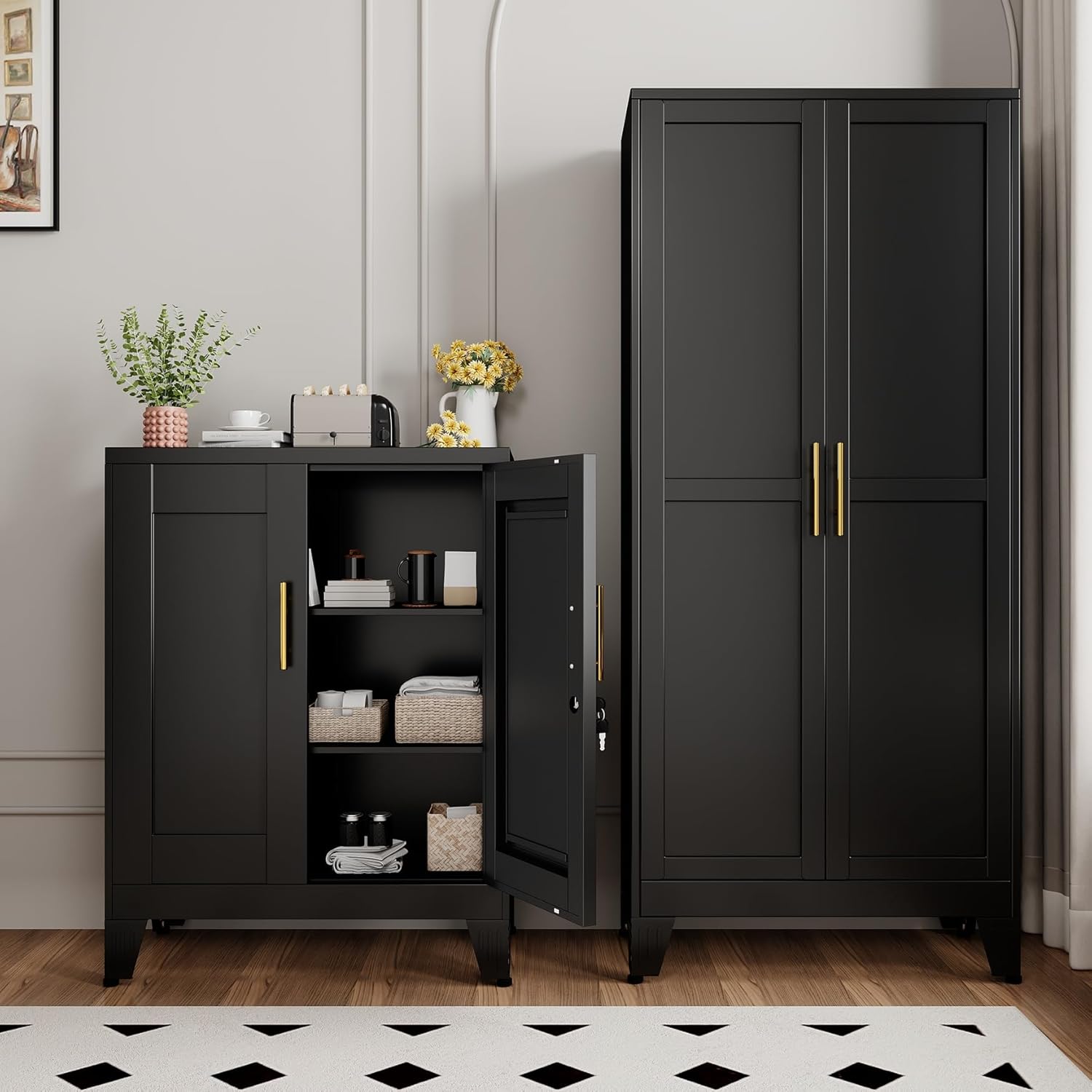 Black Metal Storage Cabinet, 36" Tall Locking Storage Cabinet with 2 Adjustable Shelves, Steel Locker Organizer, for Office, Home, School, 2PS