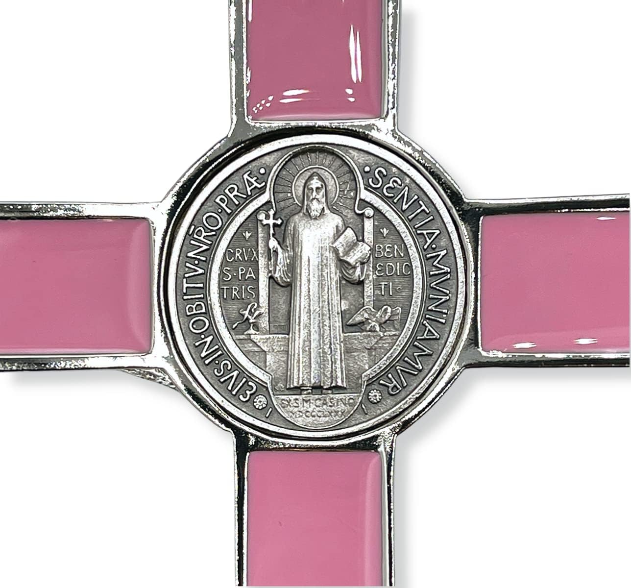 St. Benedict 8 Inch Oxidized & Pink Enamel Crucifix Wall Cross - Catholic Office Decor, Spiritual Protection