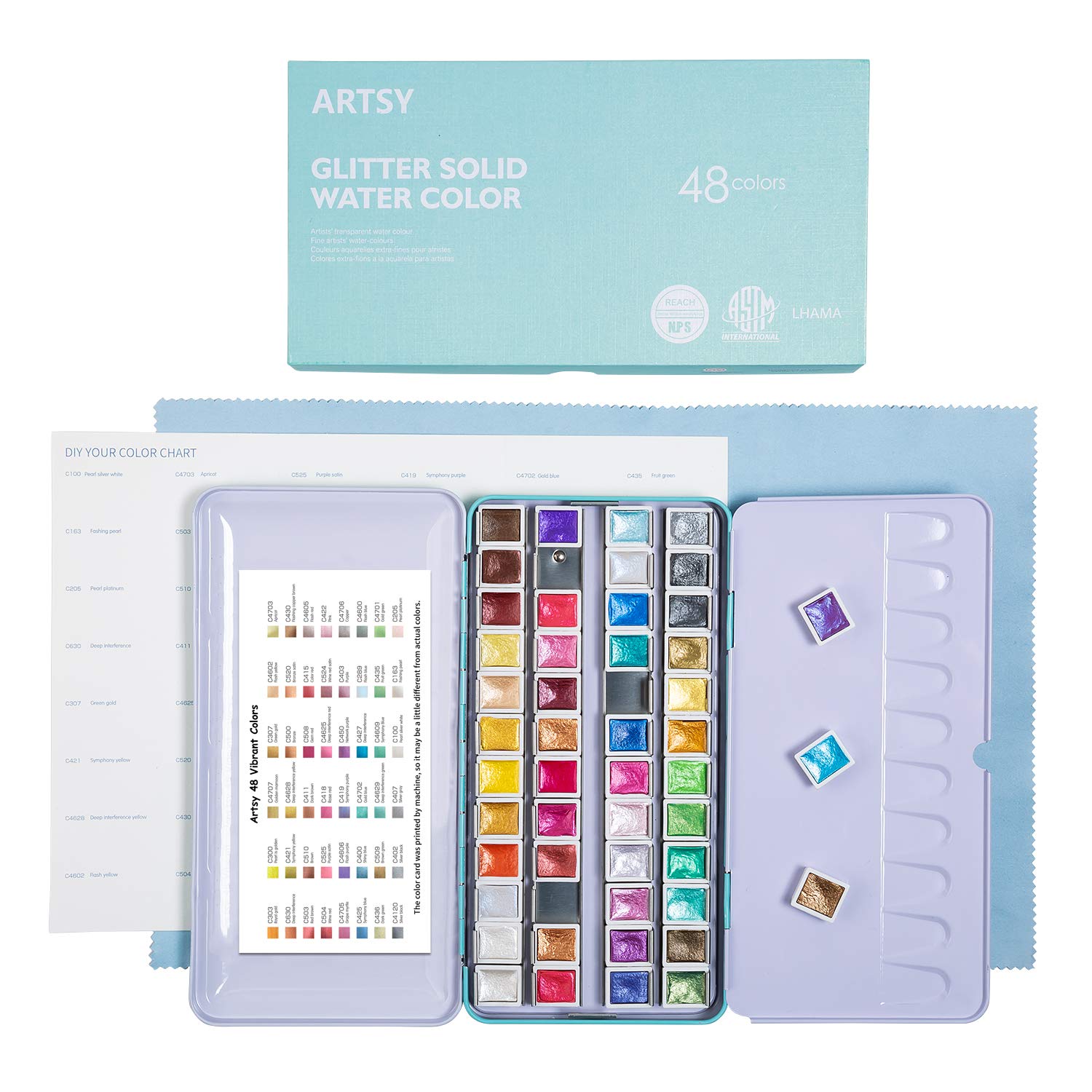 ARTSY Metallic Watercolor Paint Set 48 Glitter Colors in A Metal Case