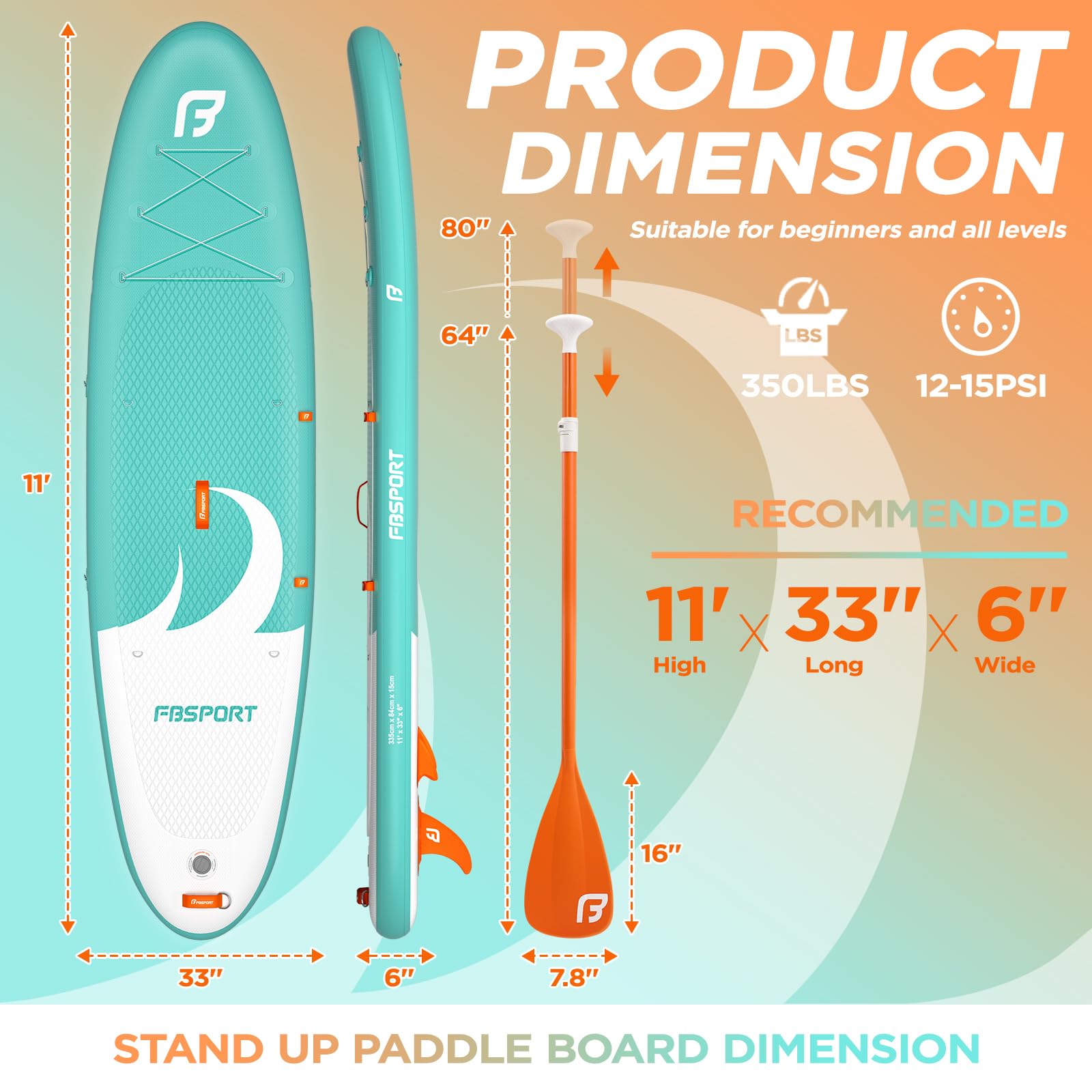 FBSPORT Tavola SUP Gonfiabile SUP 335CM per Adulti e Giovani, Stand Up Paddle Board Spessa 15 cm tavola da Surf tavola da SUP con Pagaia Regolabile, Zaino, Pompa & Pinna Rimovibile Surfboard