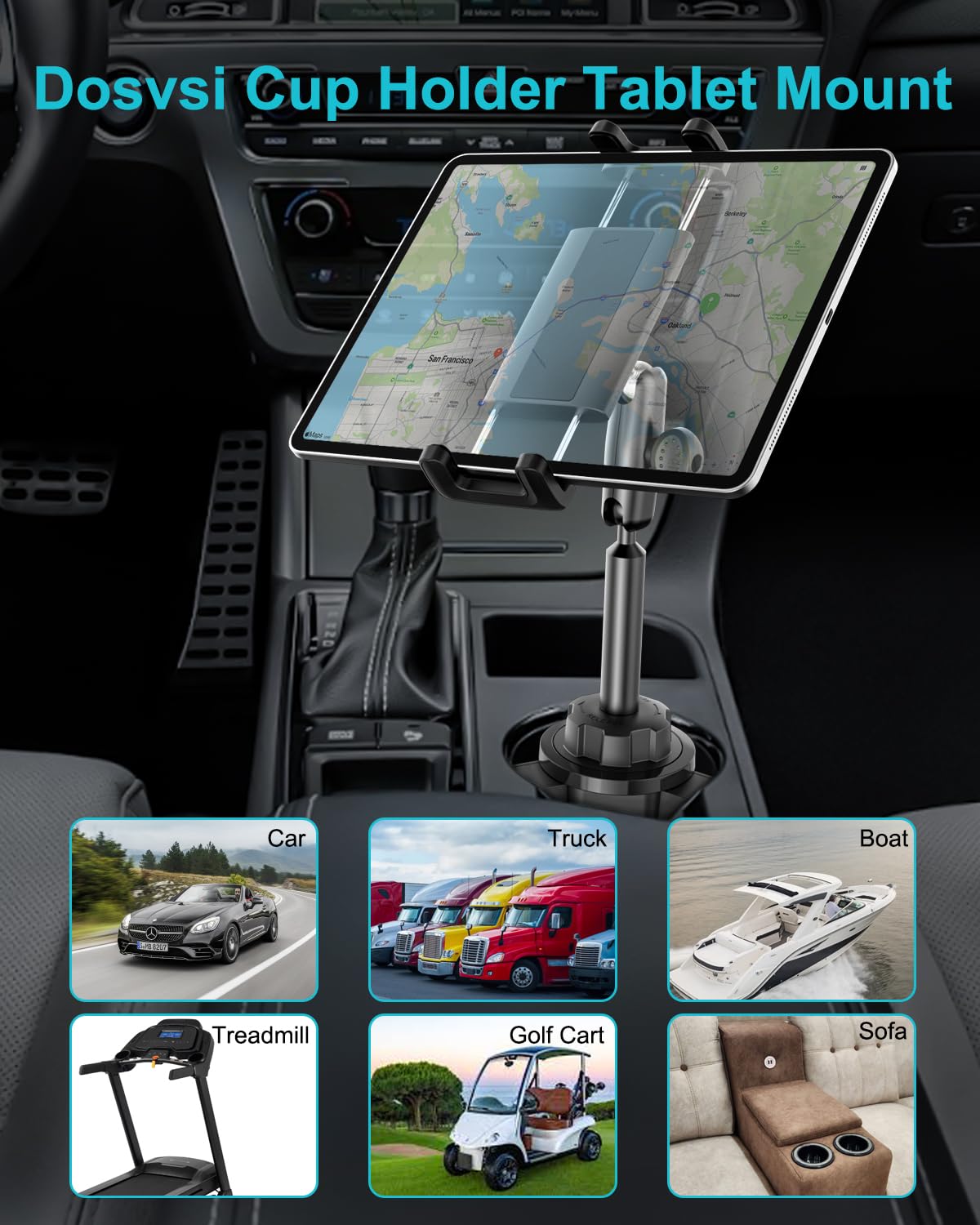 Support Tablette Porte Gobelet Voiture, Support de Tablette Porte-Gobelet d'un Camion avec Bras Métallique Réglable pour iPad 10.9, iPad Pro 13 11 Air Mini, Galaxy Tab, iPhone, 4~13" Tablettes