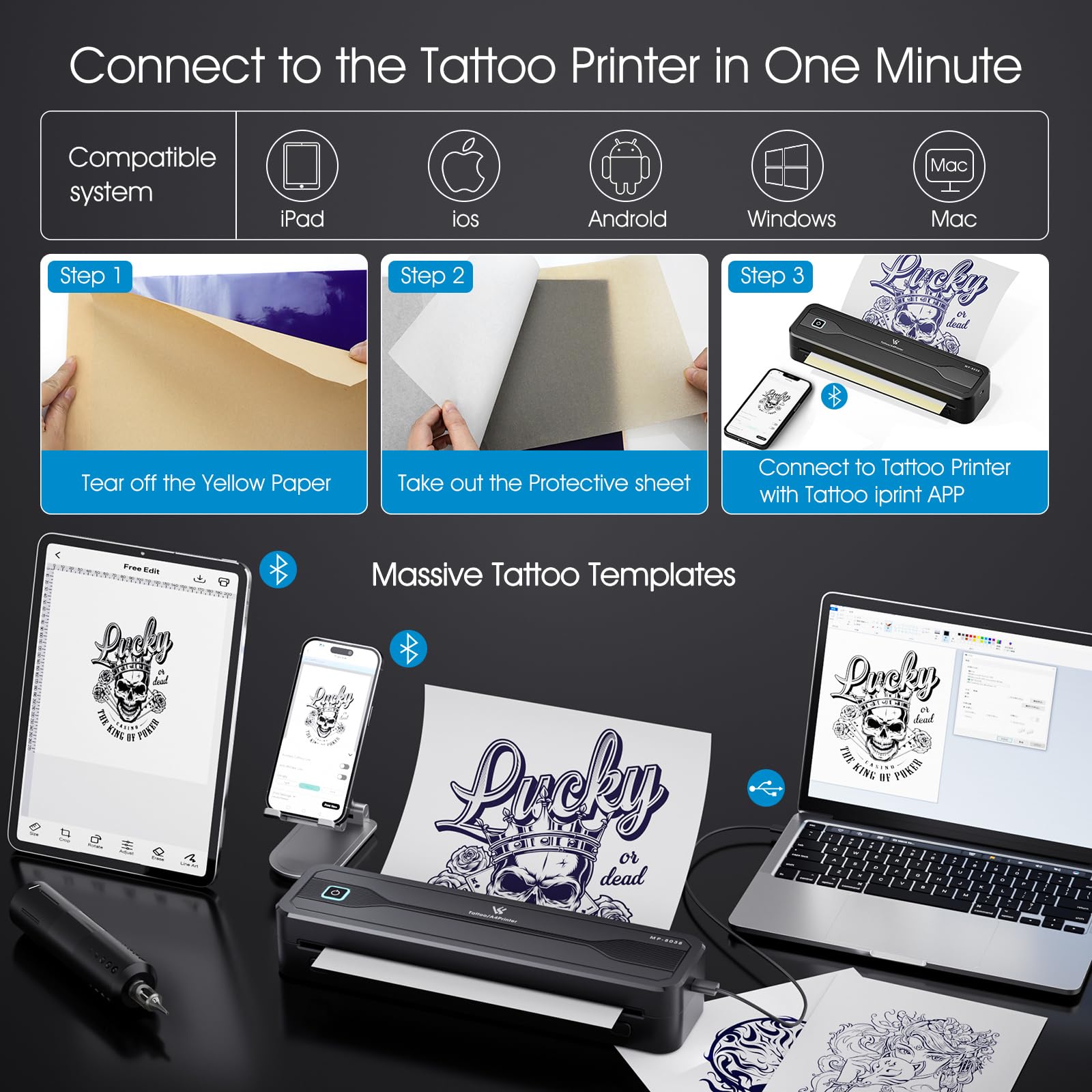 TATELF Stampante Stencil Tatuaggi Wireless A4 Termica Bluetooth | Batteria 2600mAh, 10 Fogli Carta Trasferibile, Compatibile iOS Android Win Mac, Senza Inchiostro Linee Precise per Tatuatori