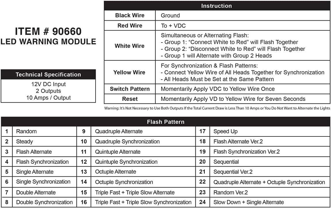 United Pacific 90660 LED Flasher Warning Module w/24 Selectable Flash Patterns, 12-Volt, 2 Outputs, 20Amp Max (REQUIRES A Momentary Switch) - One Unit