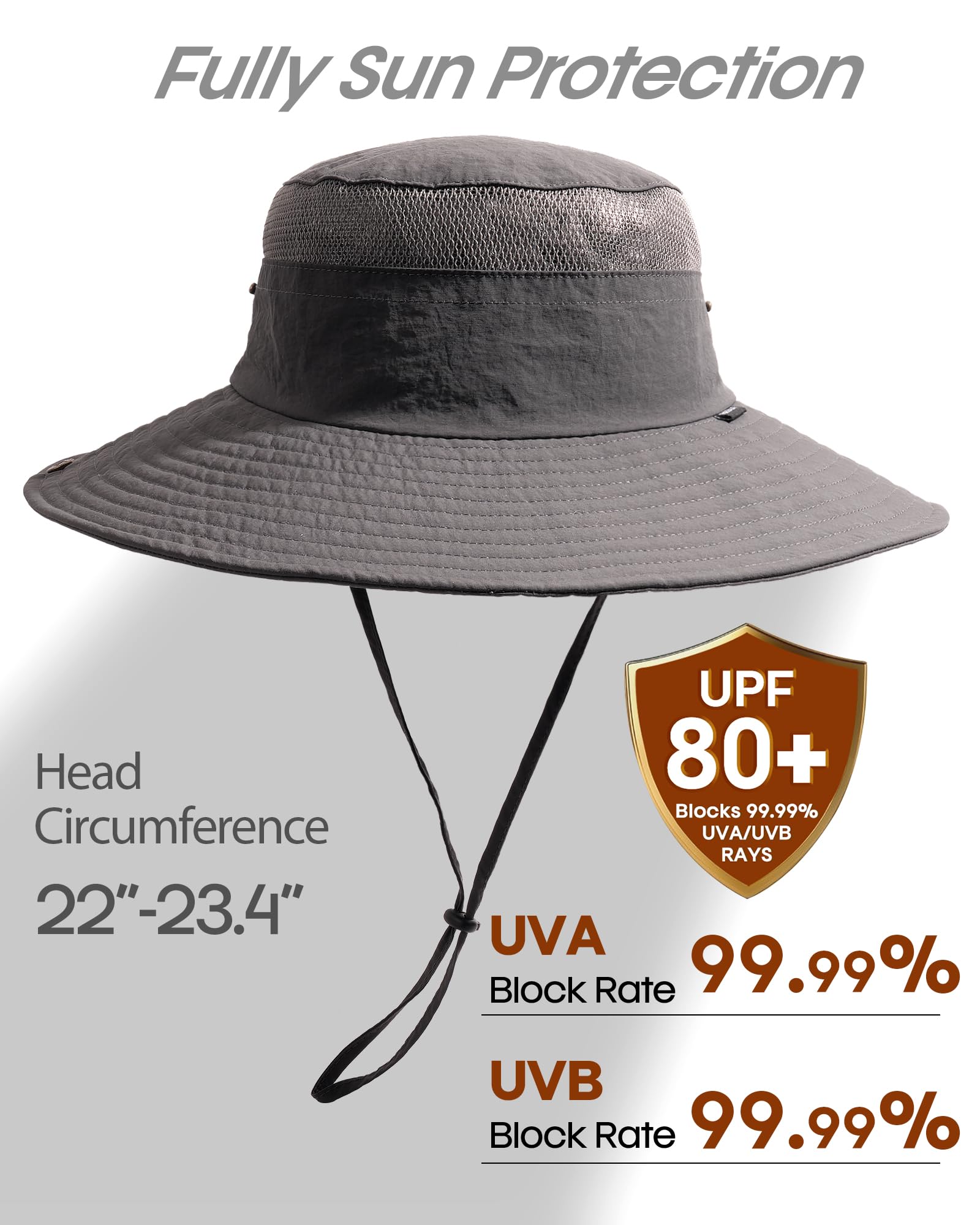 FURTALK Sun Hats for Men Women Fishing Hat UPF 80+ Breathable Wide Brim Hiking Summer UV Protection Bucket Hats Dark Grey