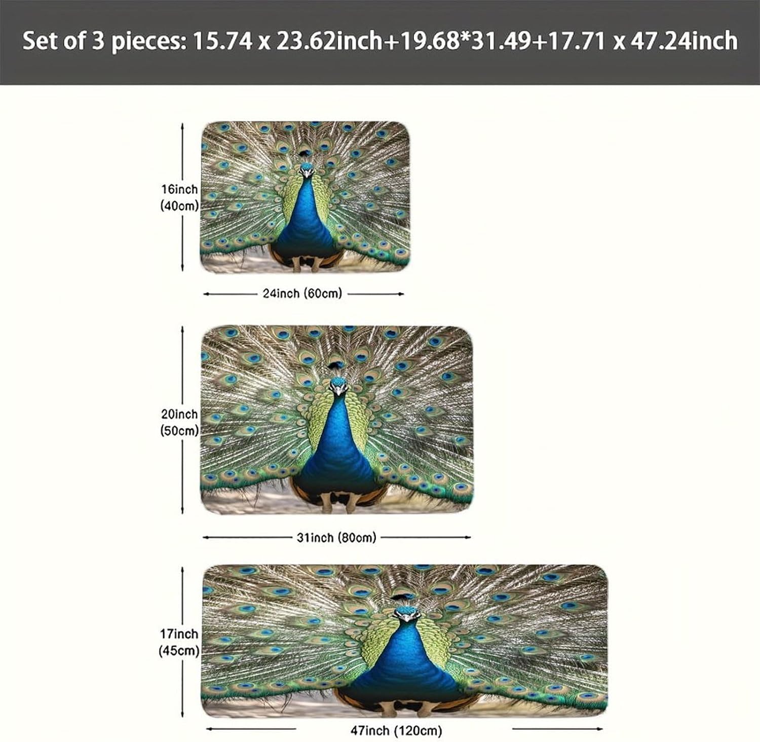 Peacock Pattern Kitchen Rugs Sets of 3 Washable Non Slip Kitchen Rug Water Resistant Carpet Piece Anti Fatigue Kitchen Mats Soft Comfort Standing Mat Modern Area Rug