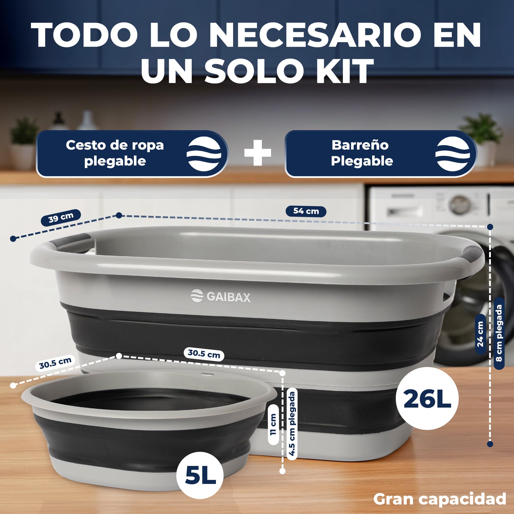 Cesto Ropa Plegable de Colada | Barreño Plegable Incluido | Blanco/Gris | Gran Capacidad 26L | Cesta Multiuso para Colada y Almacenaje | Diseño Compacto Ahorra Espacio en Hogar y Camping (Gris/Negro)