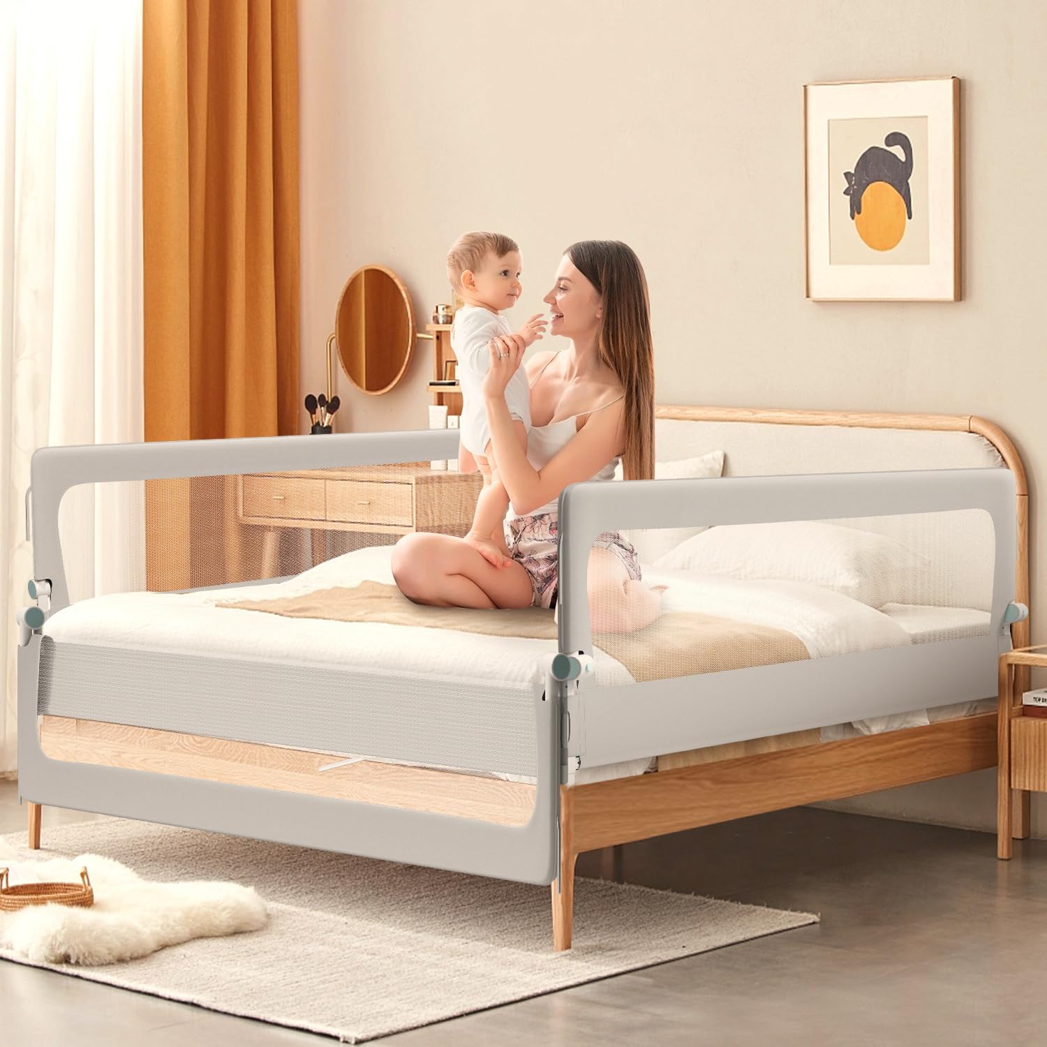 Jaxguom Rausfallschutz Bett, Rausfallschutz Boxspringbett, Bettgitter höhenverstellbar 72-86 cm, zusammenklappbar um 180 Grad (Grau, 200cm,1Seite)