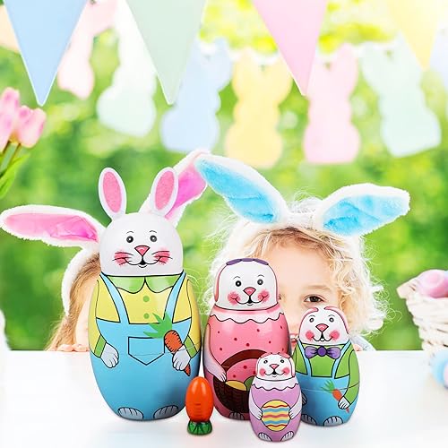 Miniatura 8 de JiaUfmi 5 piezas de muñecas de anidación de conejo de Pascua ruso Matryoshka zanahoria hechos a mano juguetes apilables de madera para fiesta de