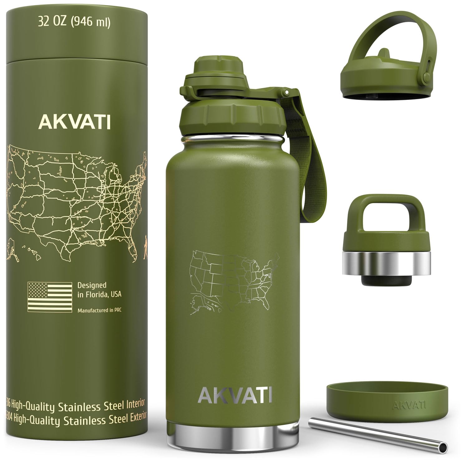 Amazon.com: AKVATI - Stainless Steel Water Bottle 32 oz Green - 3
