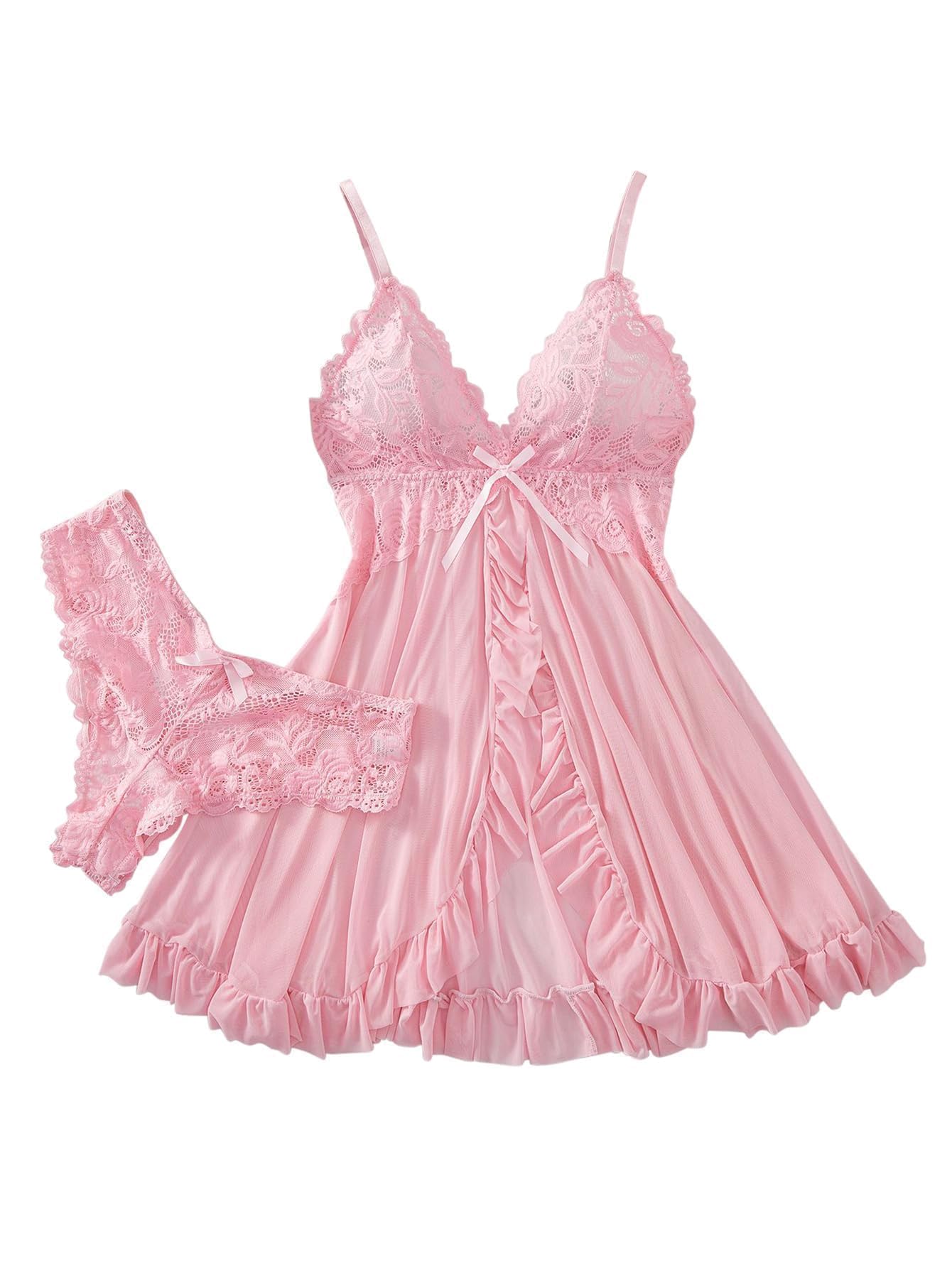 Foxiny Sexy Lingerie Dress 2pcs Women Night Gown with Thong 3XS-6XL | Mesh Sheer Lace Babydoll Dress Set Plus Size Bridal Wedding Halloween Christmas Valentine's Day Negligee See Through