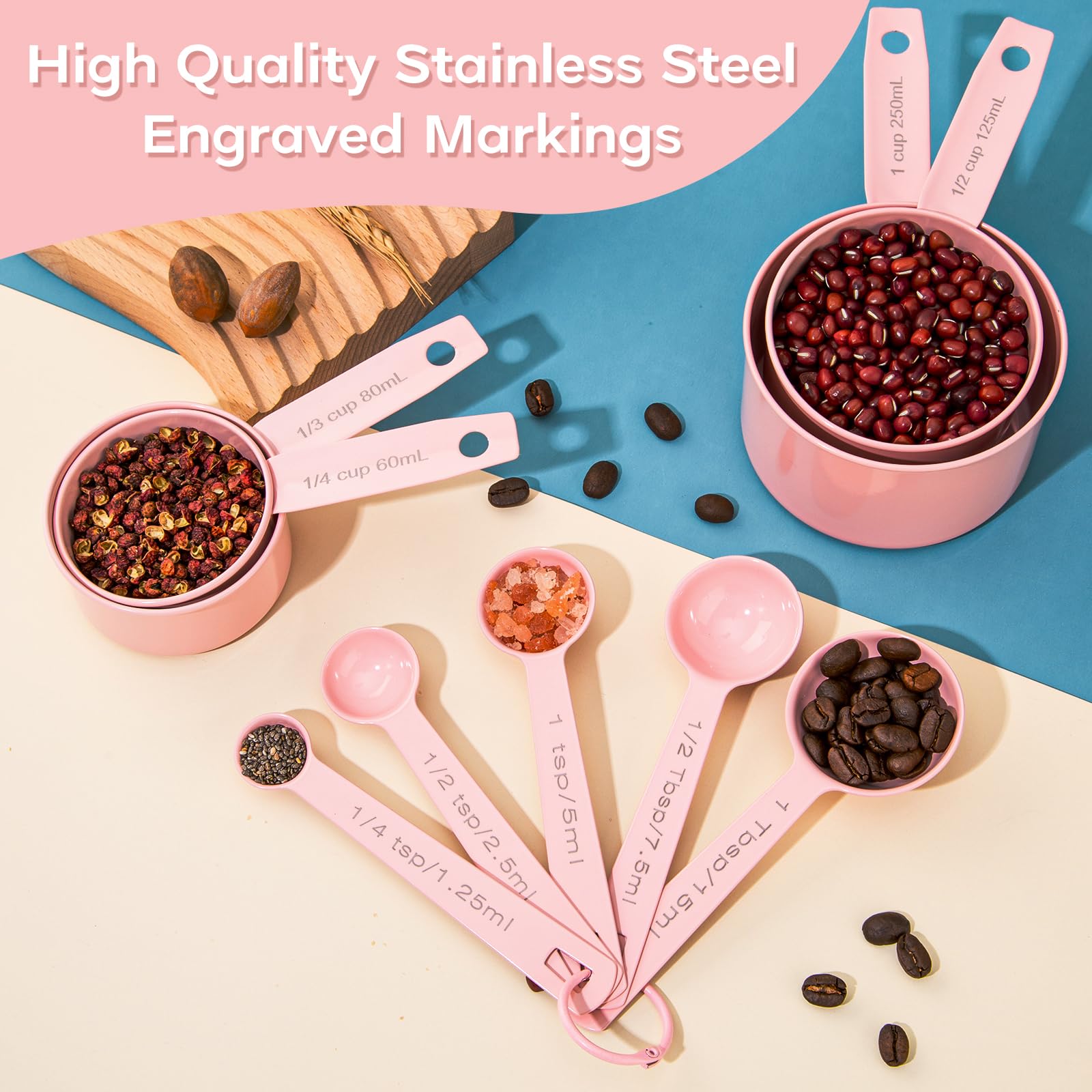 Messbecher und Löffel 9er Set, Edelstahl Messbecher zum Kochen und Backen, Messlöffel für trockene und flüssige Zutaten (Rosa)