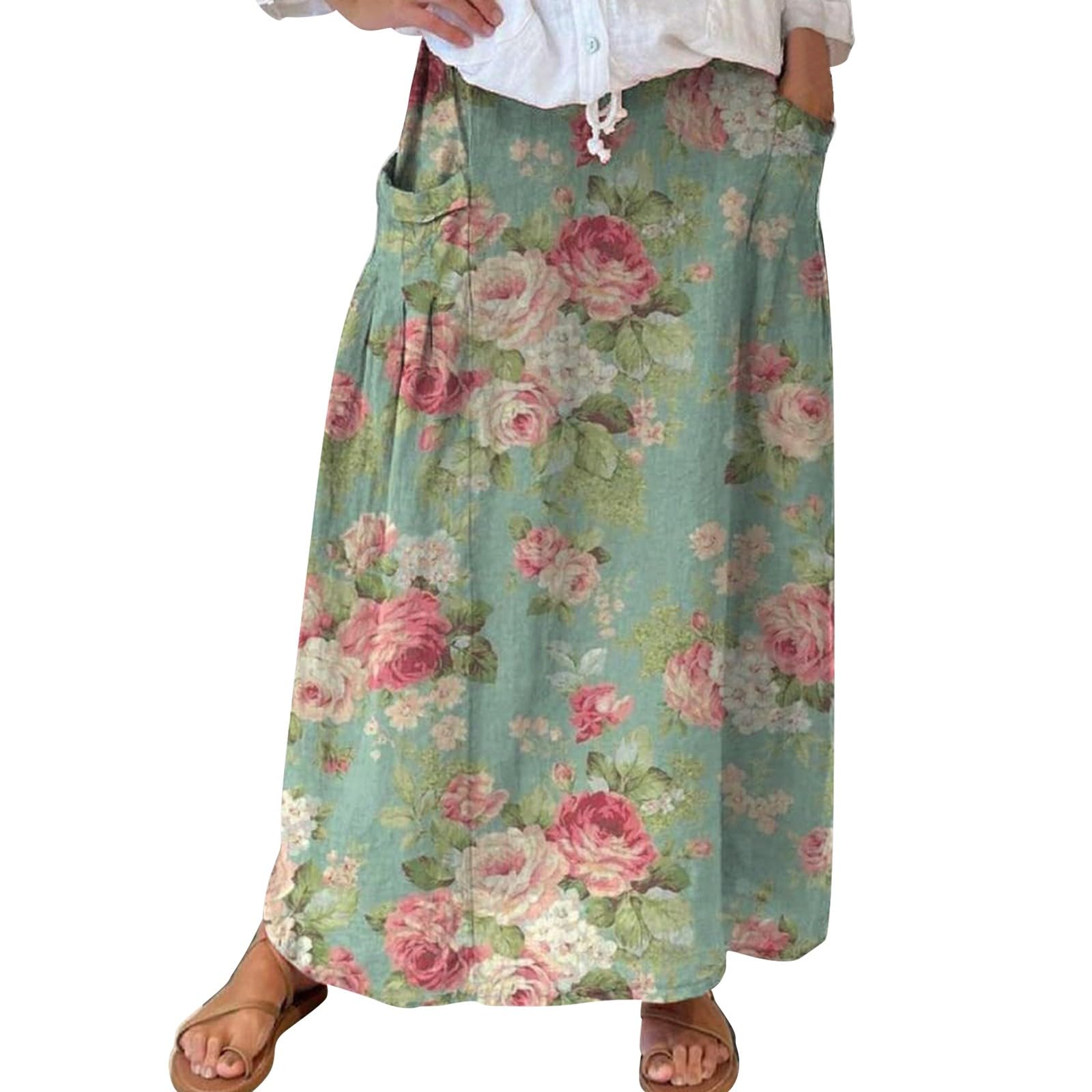 Jupe imprimée en lin pour femme - Robe décontractée tendance - Jupe à taille élastique avec poche - Motif floral - Jupe de maternité grande taille pour femmes et filles - À porter à la maison ou