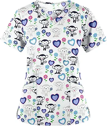 OIOLOYJM Printed Scrub Tops Women V Neck Short Sleeve Plus Size Scrubs for Womens Nursing Uniforms Shirts with Pockets