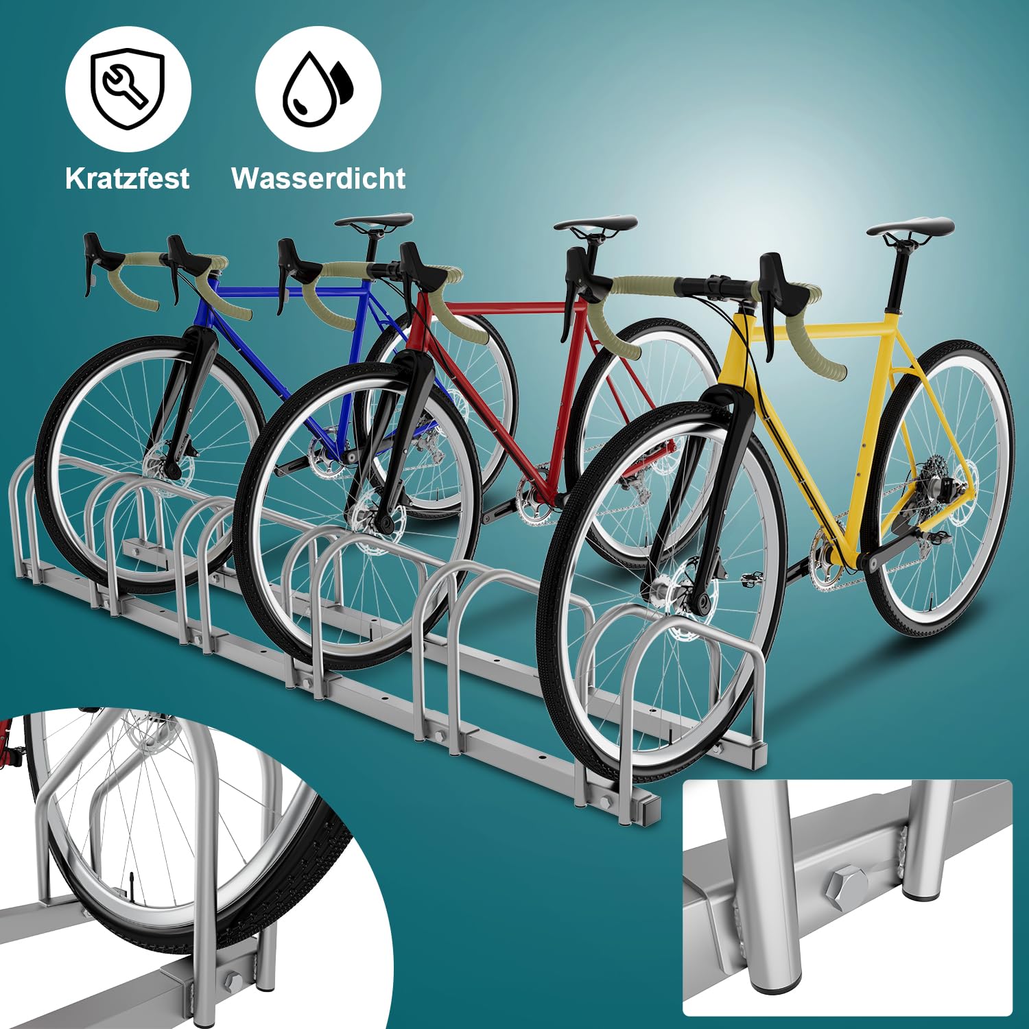 Sonnewelt Fahrradständer für 6 Fahrräder 35-55 mm Reifenbreite,Fahrradständer Bodenparker,Radständer Einfache Montage Fahrradständer Stahl Verzinkt,Fahrrad Ständer Halter 160x32x26cm （Silber）