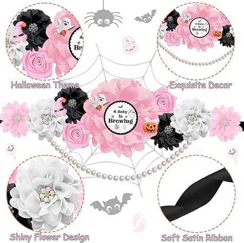 Miniatura 10 de Conjunto de banda y ramillete de maternidad para baby shower, color naranja, morado, verde, para Halloween, para baby shower, cinturón para el