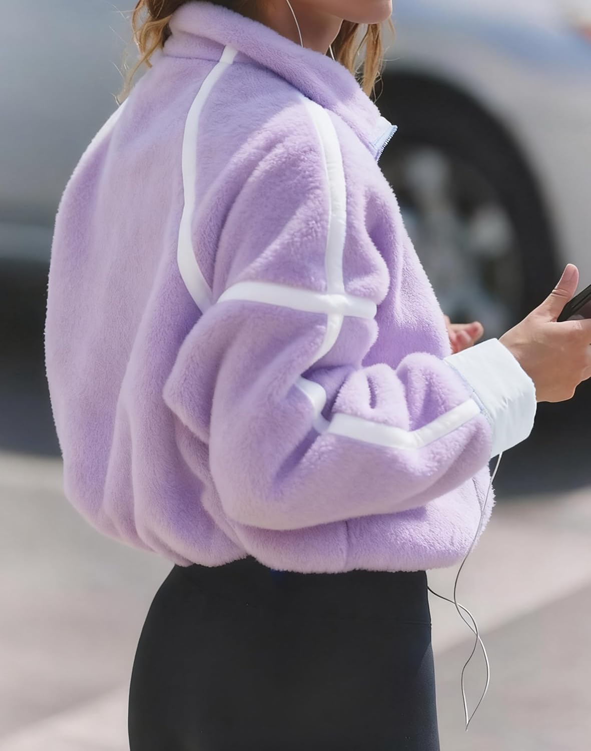 Women's Fleece Jacket Zipper Stand Collar Casual Oversized Coats with Pockets